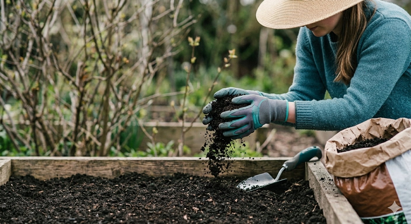 Alt Text: A gardener wearing gloves spreading dark, rich compost over a raised garden bed with a wooden border.