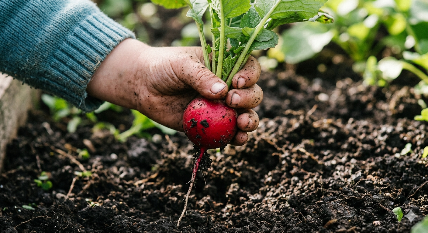 Image description: A close-up of a child's hand holding a bright red radish freshly pulled from dark, crumbly soil.