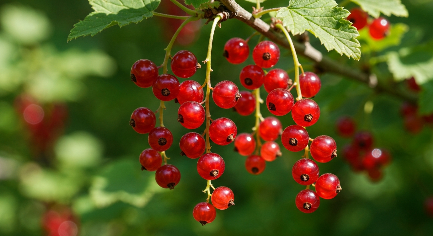 Alt Text: A close-up of a currant bush branch heavily laden with clusters of translucent, ruby-red berries glistening in the sunlight.