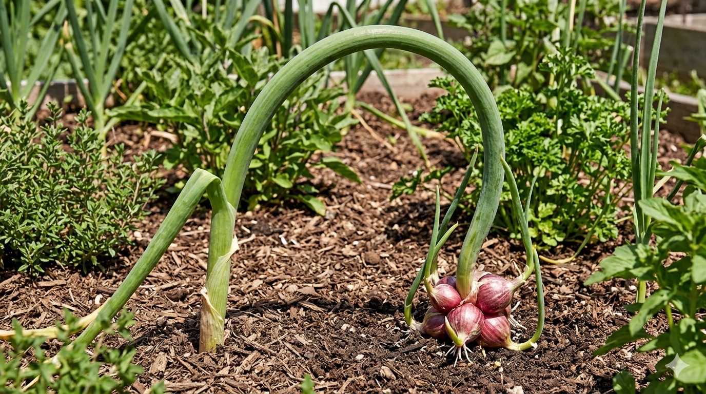 Alt Text: A cluster of unique Egyptian Walking Onions with tall, sculptural green stalks topped with clusters of small, purple-skinned bulbils.