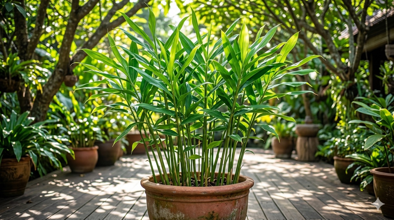 Alt Text: A lush potted ginger plant with long, lance-shaped green leaves, sitting on a sun-drenched patio.