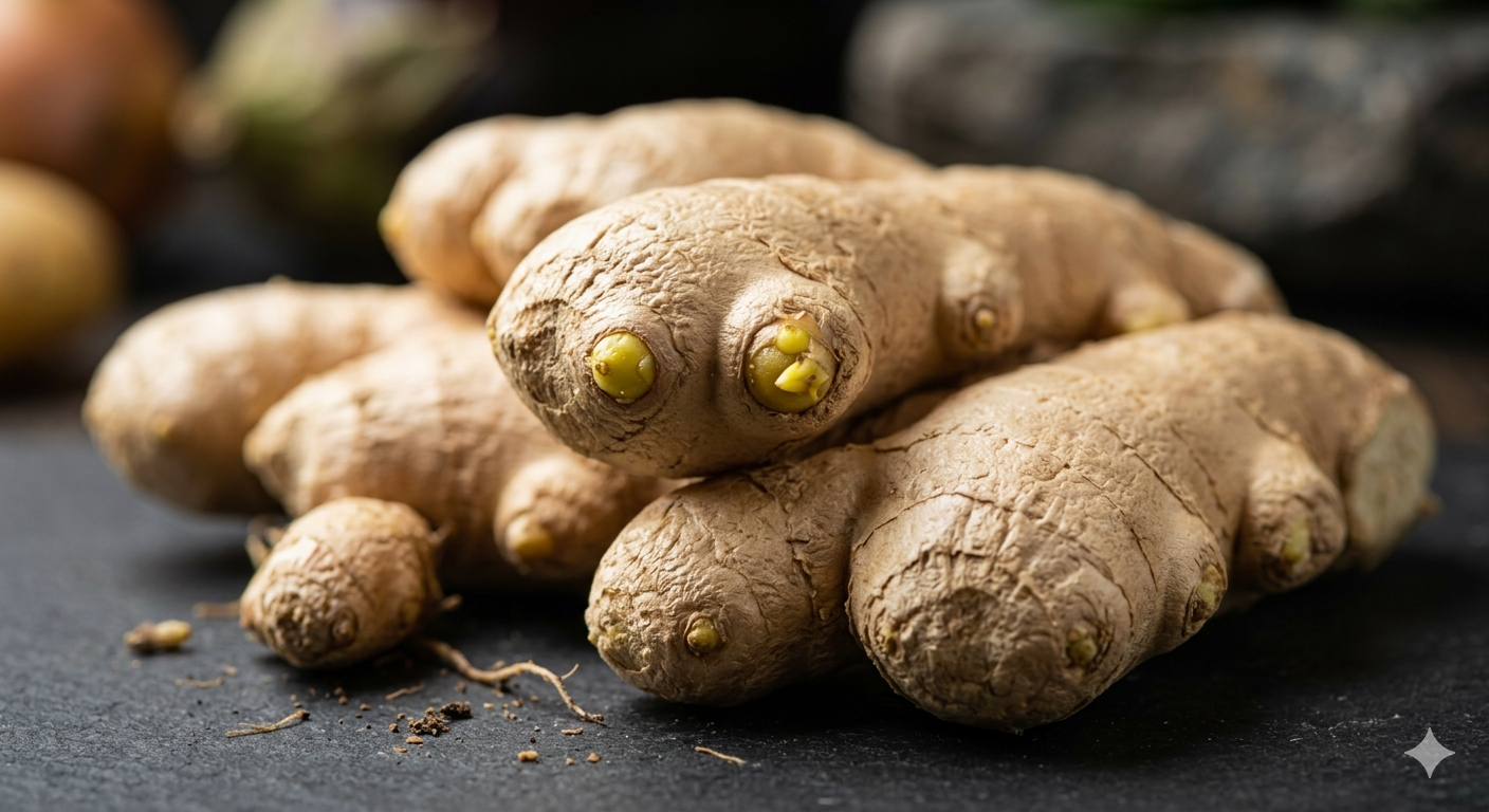 Alt Text: A close-up of fresh ginger root, showing its textured skin and healthy buds.