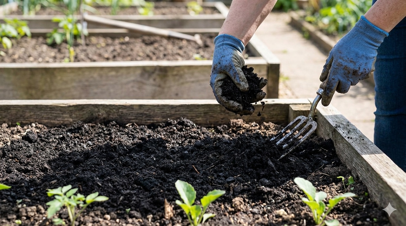 Alt Text: A professional garden shot of a mature asparagus bed in early spring, with several thick, vibrant green spears poking through dark, mulched soil.