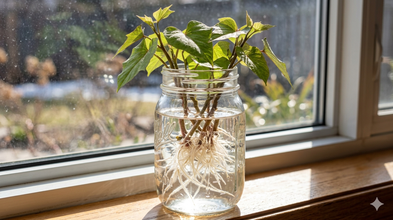 Alt Text: Sweet potato slips with roots developing in water, ready for planting.