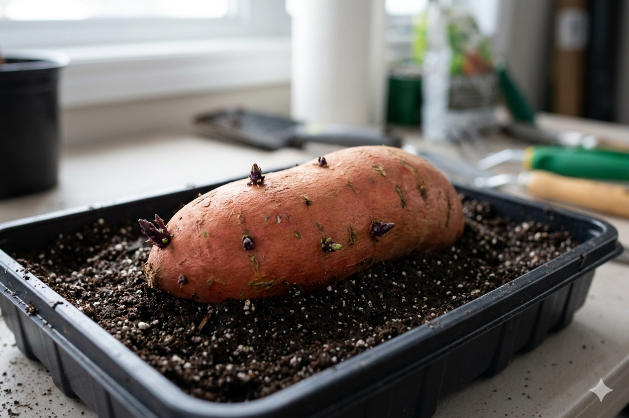Alt Text: A vibrant green sweet potato slip with several heart-shaped leaves growing vigorously from a sprouting orange sweet potato.