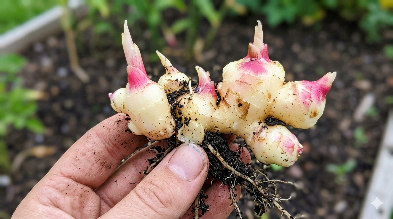 Alt Text: A close-up of ginger sprouts broken from the main plant, ready for transplanting or use.