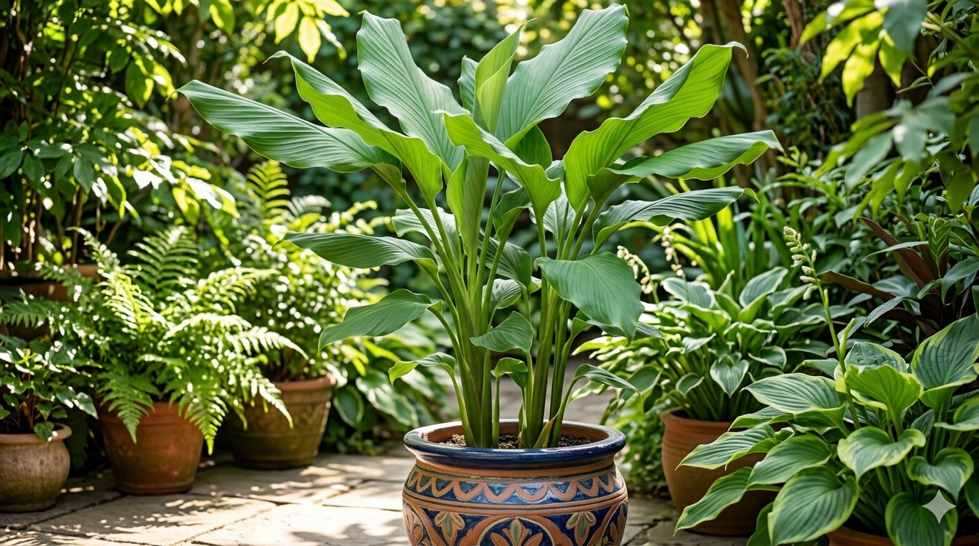 Alt Text: A lush potted turmeric plant with large, broad, vibrant green leaves that resemble a tropical hosta.