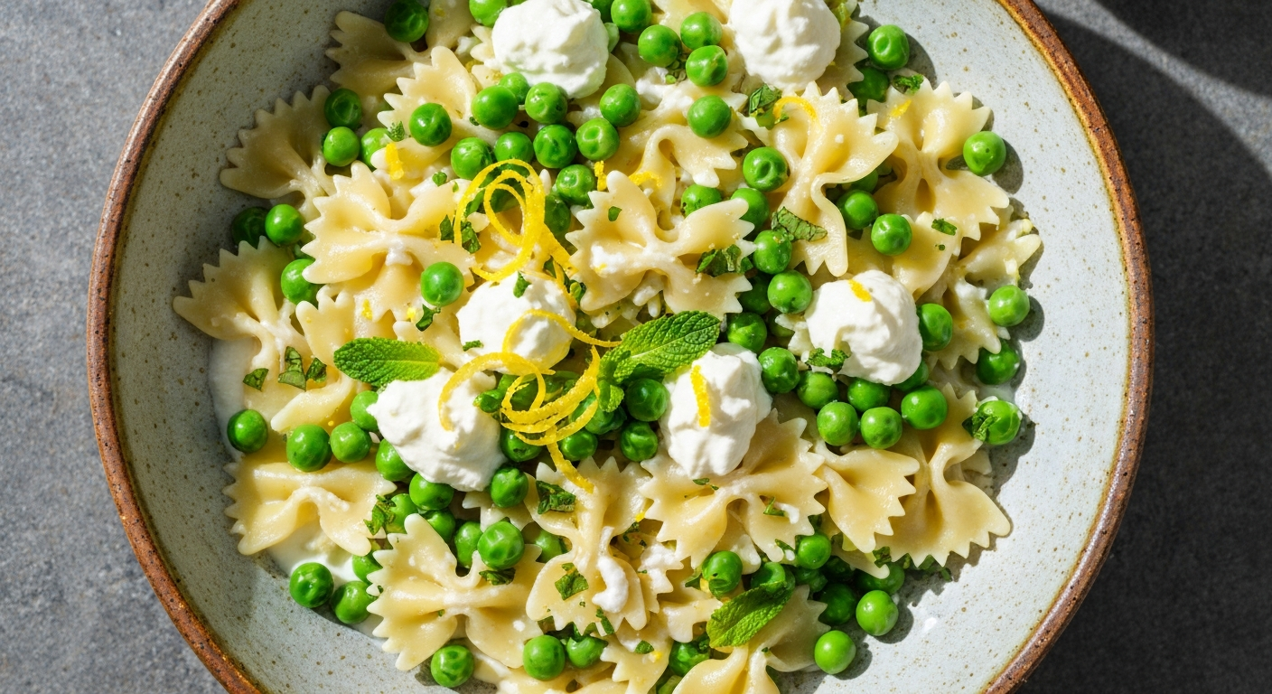 Alt Text: Image of a steaming bowl of bowtie pasta with bright green peas, dollops of ricotta, and lemon zest.