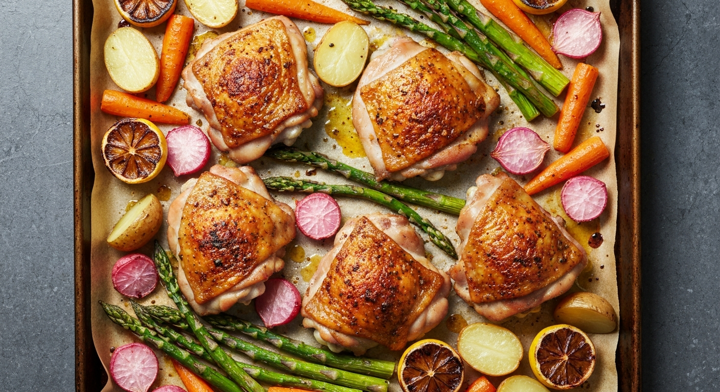 Alt Text: Image of a colorful sheet pan roast with crispy chicken thighs, golden potatoes, bright green asparagus, and roasted pink radishes.