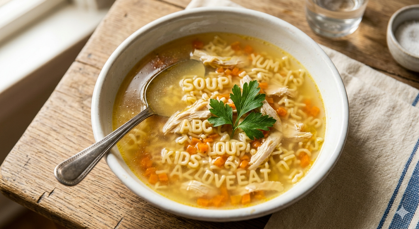 Alt Text: Image of a colorful bowl of alphabet chicken noodle soup with bright golden broth and a separate photo of the "stealth" vegetables being minced.